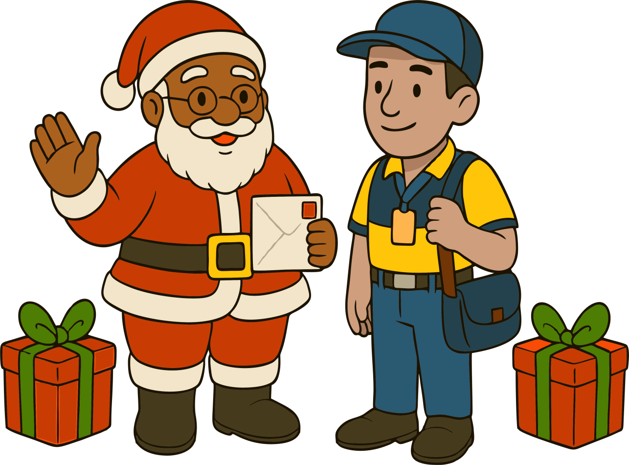 Ilustração do Papai Noel acenando segurando uma cartinha cercado de presentes e ao lado de um carteiro.